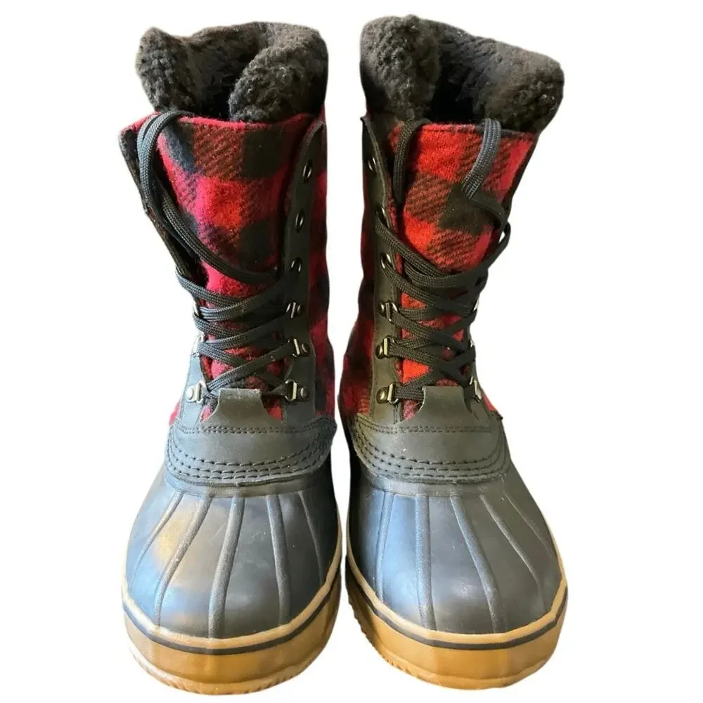 LL Bean Boots Mens 9 Medium Red Black Buffalo Plaid Waterproof Winter Snow Boots